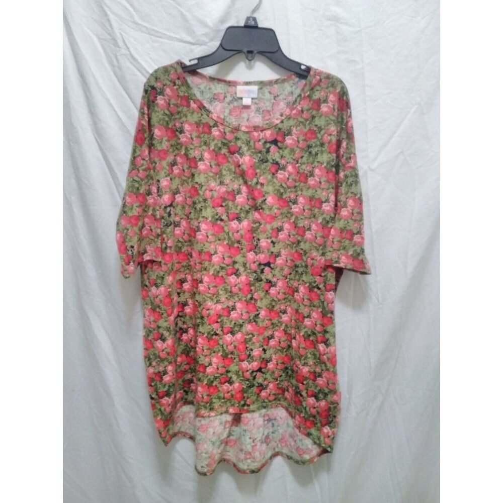 LuLaRoe Red Green Roses Floral Tunic Top‎ Simply Comfortable S Short Sleeve